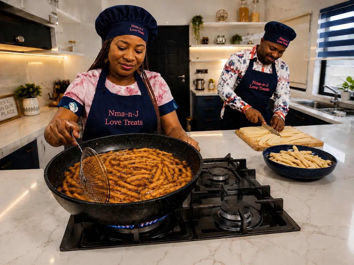 Nma-n-J founders lovingly preparing a fresh batch of chin-chin in a clean family kitchen, showing the handmade care behind every batch.